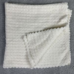 Vintage White  Unisex Baby Blanket Crochet Handmade Artisan Made Scalloped Edges